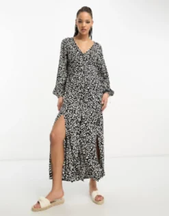 Miss Selfridge Long Sleeve Button Through Maxi Dress In Spot Print -RIVER ISLAND || PULL & BEAR || ONLY Sales Store 203994849 3