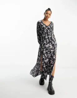 Miss Selfridge Long Sleeve Button Through Maxi Dress In Spot Print -RIVER ISLAND || PULL & BEAR || ONLY Sales Store 203994888 1 black