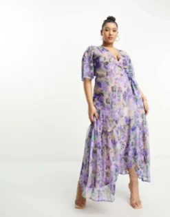 Hope & Ivy Plus Flutter Sleeve Wrap Maxi Dress In Blue Floral