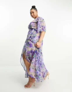 Hope & Ivy Plus Flutter Sleeve Wrap Maxi Dress In Blue Floral -RIVER ISLAND || PULL & BEAR || ONLY Sales Store 203995005 4