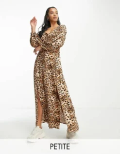 Miss Selfridge Petite Long Sleeve Button Through Maxi Dress In Leopard