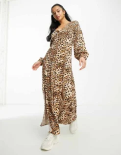 Miss Selfridge Petite Long Sleeve Button Through Maxi Dress In Leopard -RIVER ISLAND || PULL & BEAR || ONLY Sales Store 203995857 3