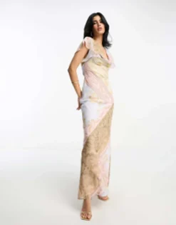 ASOS DESIGN Flutter Sleeve Cowl Neck Maxi Dress In Vintage Floral Print -RIVER ISLAND || PULL & BEAR || ONLY Sales Store 204005239 4