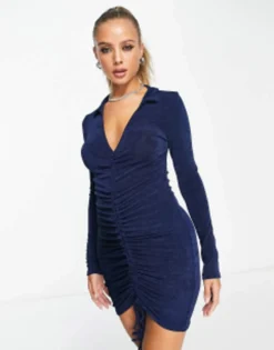 River Island Ruched Front Slinky Jersey Mini Polo Dress In Dark Blue