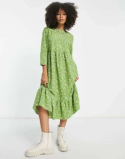 Glamorous Long Sleeve Maxi Smock Dress In Green White Floral