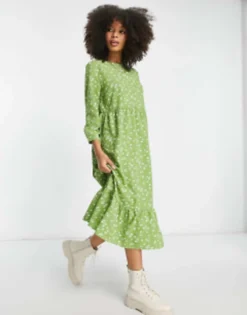 Glamorous Long Sleeve Maxi Smock Dress In Green White Floral -RIVER ISLAND || PULL & BEAR || ONLY Sales Store 204009834 4