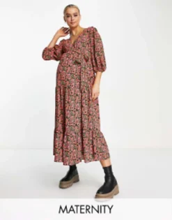 Glamorous Maternity Maxi Tiered Wrap Dress In Rose Floral