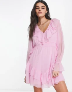 ASOS DESIGN Textured Chiffon Waisted Mini Dress With Frills In Pink