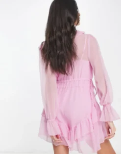 ASOS DESIGN Textured Chiffon Waisted Mini Dress With Frills In Pink -RIVER ISLAND || PULL & BEAR || ONLY Sales Store 204029697 4
