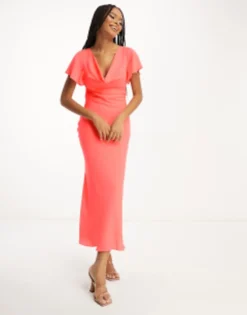 ASOS DESIGN Flutter Sleeve Cowl Neck Midi Dress In Sugar Pink