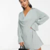 ASOS DESIGN Petite Cowl Neck Long Sleeve Mini Dress In Duck Egg Blue