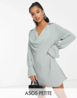 ASOS DESIGN Petite Cowl Neck Long Sleeve Mini Dress In Duck Egg Blue