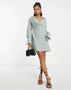 ASOS DESIGN Petite Cowl Neck Long Sleeve Mini Dress In Duck Egg Blue -RIVER ISLAND || PULL & BEAR || ONLY Sales Store 204036260 3
