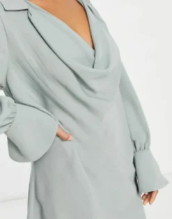 ASOS DESIGN Petite Cowl Neck Long Sleeve Mini Dress In Duck Egg Blue -RIVER ISLAND || PULL & BEAR || ONLY Sales Store 204036260 4