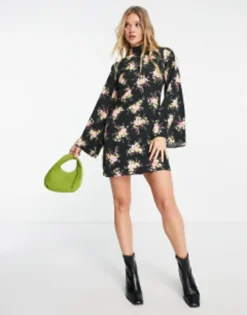 River Island Flute Sleeve Mini Dress In Black Floral