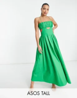 ASOS DESIGN Tall Cotton Structured Midi Dress With Ruched Bust And Pleat Skirt In Green