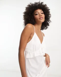 Vila Bridal Satin Slip Maxi Dress With Frill Detail In White -RIVER ISLAND || PULL & BEAR || ONLY Sales Store 204046834 3