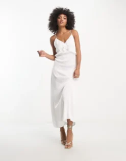 Vila Bridal Satin Slip Maxi Dress With Frill Detail In White -RIVER ISLAND || PULL & BEAR || ONLY Sales Store 204046834 4