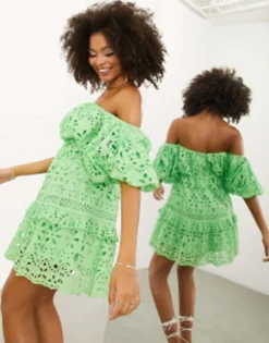 ASOS EDITION Blouson Off Shoulder Tiered Broderie Mini Dress In Bright Green