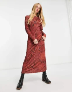 ASOS DESIGN Maxi Slinky T-shirt Dress In Brown Snake Print