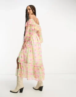 Miss Selfridge Chiffon Bardot Tie Waist Maxi Dress In Floral Gingham -RIVER ISLAND || PULL & BEAR || ONLY Sales Store 204056310 4