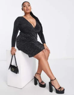 Yours Side Ruched Wrap Dress In Black Glitter -RIVER ISLAND || PULL & BEAR || ONLY Sales Store 204066343 3