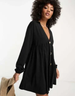 ASOS DESIGN Long Sleeve Mini Smock Dress With Buttons In Black