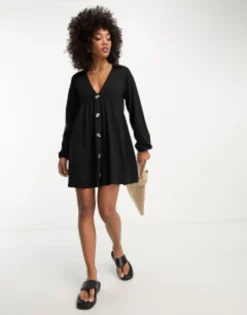 ASOS DESIGN Long Sleeve Mini Smock Dress With Buttons In Black -RIVER ISLAND || PULL & BEAR || ONLY Sales Store 204069064 4
