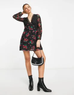 River Island Floral And Spot Mixed Print Mini Dress In Black