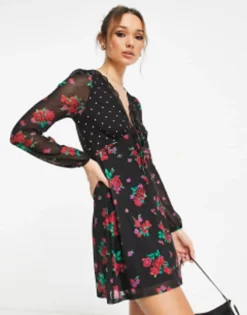 River Island Floral And Spot Mixed Print Mini Dress In Black -RIVER ISLAND || PULL & BEAR || ONLY Sales Store 204084176 4