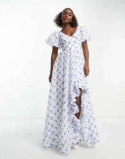 Maya Puff Sleeve Wrap Bodice Maxi Dress With Ruffle Split In Blue Floral