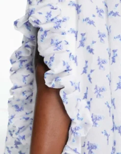 Maya Puff Sleeve Wrap Bodice Maxi Dress With Ruffle Split In Blue Floral -RIVER ISLAND || PULL & BEAR || ONLY Sales Store 204084212 3