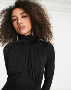& Other Stories Satin High Midaxi Dress With Drape Chest Detail In Black -RIVER ISLAND || PULL & BEAR || ONLY Sales Store 204086087 3
