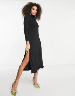 & Other Stories Satin High Midaxi Dress With Drape Chest Detail In Black -RIVER ISLAND || PULL & BEAR || ONLY Sales Store 204086087 4