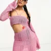 ASYOU Knitted Crochet Mini Dress With Flower Trim In Pink