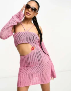 ASYOU Knitted Crochet Mini Dress With Flower Trim In Pink