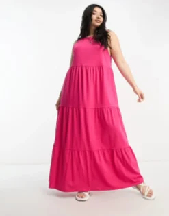 ASOS DESIGN Curve Sleeveless Tiered Maxi Dress In Bright Pink