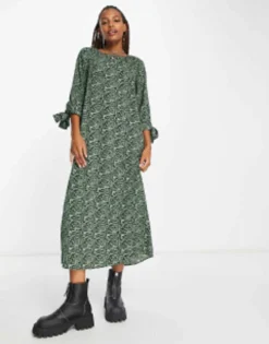 Monki Tie Sleeve Smock Midi Dress In Green Swirl