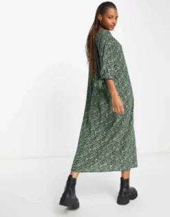 Monki Tie Sleeve Smock Midi Dress In Green Swirl -RIVER ISLAND || PULL & BEAR || ONLY Sales Store 204102550 3
