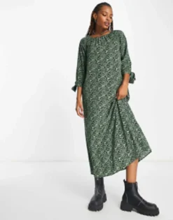 Monki Tie Sleeve Smock Midi Dress In Green Swirl -RIVER ISLAND || PULL & BEAR || ONLY Sales Store 204102550 4