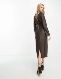 Monki Long Sleeve Cross Back Dress In Brown