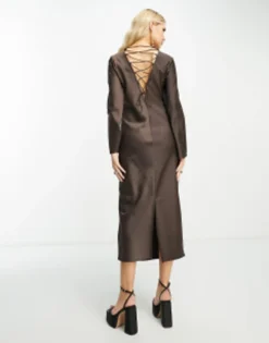 Monki Long Sleeve Cross Back Dress In Brown -RIVER ISLAND || PULL & BEAR || ONLY Sales Store 204102596 4