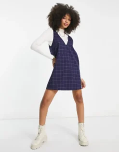 Monki Pinafore Mini Dress In Check -RIVER ISLAND || PULL & BEAR || ONLY Sales Store 204102904 1 navy