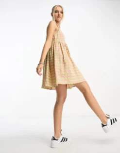 ASOS DESIGN Square Neck Mini Seersucker Dress In Mixed Gingham Print -RIVER ISLAND || PULL & BEAR || ONLY Sales Store 204103551 1 pinkgreengingham