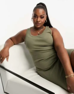 ASOS DESIGN Curve Ribbed Scoop Neck Vest Mini Dress In Khaki -RIVER ISLAND || PULL & BEAR || ONLY Sales Store 204106370 3