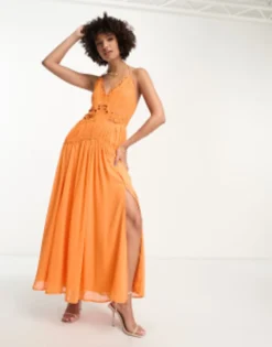 ASOS DESIGN Tall Cutwork Maxi Slip Dress With Drawstring Waist In Orange -RIVER ISLAND || PULL & BEAR || ONLY Sales Store 204108920 4