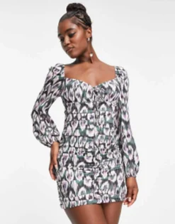PULL & BEAR Pull&Bear Long Sleeve Printed Mini Dress With Ruched Detail In Pink
