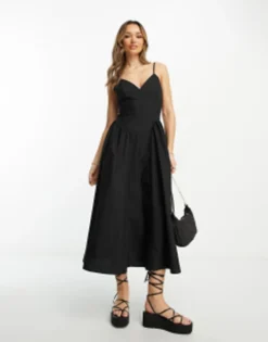 ASOS DESIGN Cotton Drop Waist Midi Skater Dress In Taupe -RIVER ISLAND || PULL & BEAR || ONLY Sales Store 204131856 1 black 1