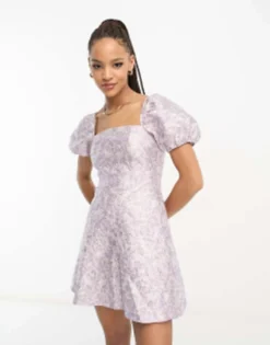 Miss Selfridge Jacquard Puff Sleeve Corset Mini Dress In Lilac