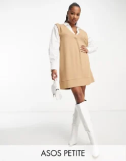 ASOS DESIGN Petite 2 In 1 Shirt Mini Dress With Jumper Overlay In Camel